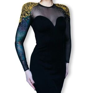 Vintage 1980s TADASHI Black Sheer Body Con Party Dress w/ Gold Rhinestones M L